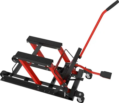 Obrázek produktu pro JOIEYOU Hydraulický zvedák na motorku kovový zvedák na motorku s dlouhým táhlem, opěrkami nohou a koly, skládací zvedák na motorku se zatížením až 680KG montážní stojan na motorku v garáži/dílně