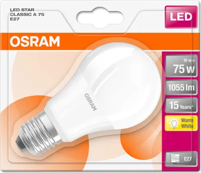 Produktbild von Osram LED STAR CLASSIC A 11W E27, 11 W, 75 W, E27, 1055 lm, 15000 h, Warmweiß