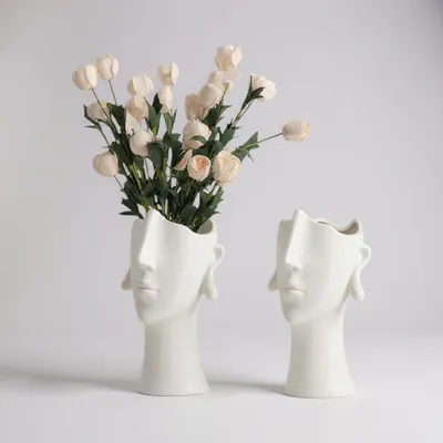 Produktbild von 2 Stück Vase Keramik weiß, Gesicht Kopf Deko Blumenvase Tischvase