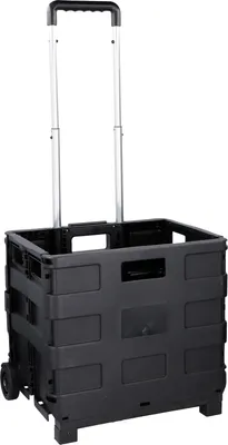 A black foldable shopping trolley with a silver telescopic handle and wheels, shown against a white background.