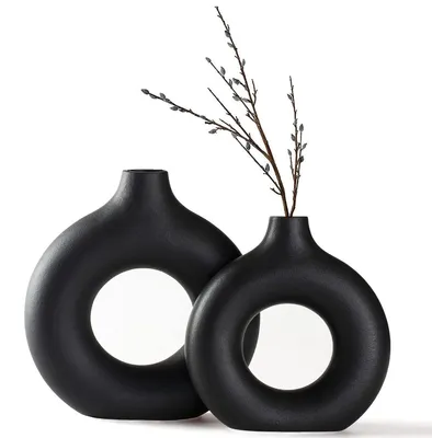 Produktbild von Vase Blumenvase Keramikvase - Donut-Design - Mattschwarz - S, M und L im Set - Für Pampasgras und Trockenblumen