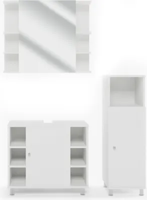 A set of three white bathroom furniture pieces: a wall-mounted cabinet with a mirror, a vanity unit, and a tall cabinet.