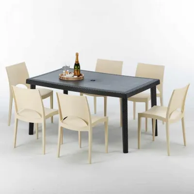 Produktbild von Poly Rattan Tisch Rechteckig mit 6 Bunten Polyrattan Stühlen 150x90 Schwarz
