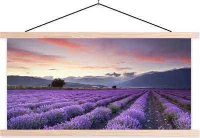 Produktbild von MuchoWow® Textilposter Ein schönes Lavendelfeld bei Sonnenuntergang 120x60 cm mit holzfarbenen Rahmen - Klemmleiste