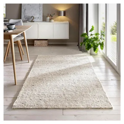 Produktbild von Gewalkter Handwebteppich Helsinki aus hochwertiger Schurwolle, hergestellt in der EU, geeignet für Wohnzimmer, Esszimmer, Schlafzimmer und Küche, 160x230 cm, beige