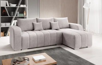 Produktbild von Easy4You Ecksofa Pufetto Creme Kord L-Form – 245x86x147 cm - Schlafsofa mit Bettkasten und Schlaffunktion - Eckcouch mit Stauraum  – Stoff Kord Poso 100