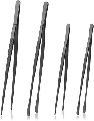 Immagine prodotto di Set di 4 pinze da cucina in acciaio inossidabile, nero galvanizzato, 25 e 30 cm – punte zigrinate, impugnature ergonomiche per cucinare e grigliare