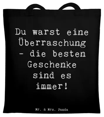 Produktbild von Mr. & Mrs. Panda Jutebeutel Spruch Überraschung Adoptivkind - Schwarz - Geschenk, Shopping Tasche, Einkaufstasche, Familie, Liebe, Geschenke, Familienbande, Verwandte