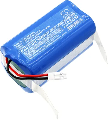 A blue lithium-ion battery pack with white labeling and wires.