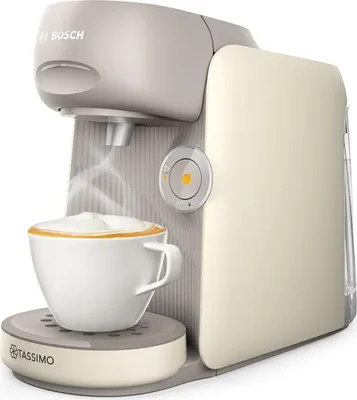 A Bosch Tassimo coffee machine is shown brewing a cup of coffee.