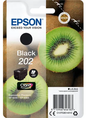 Zdjęcie produktu dla Epson Kiwi Singlepack Black 202 Claria Premium Ink, Standardowa wydajność, Czarny, Tusz na bazie pigmentu, 6,9 ml, 1 szt., 250 stron(y)