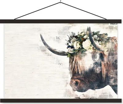 Produktbild von MuchoWow® Textilposter Schottische Hochlandrind - Kühe - Blumen 60x40 cm mit schwarzem Rahmen - Hölzernes