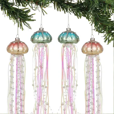 Image de Méduse en verre Décor de Noël Décor suspendu avec perles côtières Méduse Serpents en verre Décorations d'arbre de Noël, pack de 4