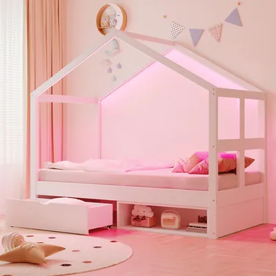 Produktbild von Flieks Kinderbett Hausbett 90x190cm mit Led, Kinder Holzbett Einzelbett mit Schublade und Schuhschrank, Weiß