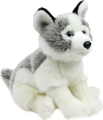 A plush toy husky dog sitting on a white background.