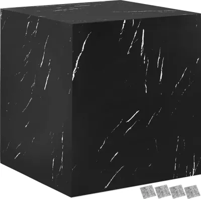 A 3D render of a black cube with white marble-like veins, with four small grey squares at the bottom right.