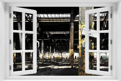 Produktbild von Wallario selbstklebendes Poster mit Fenster-Illusion - Verlassene alte Fabrik-Halle mit leuchtenden Sonnenstrahlen, Größe: 100 x 150 cm