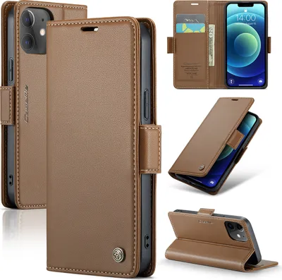 Collage of images showing a brown leather iPhone 12 Mini wallet case from different angles, including one showing the phone inside with cards and another showing the stand function.