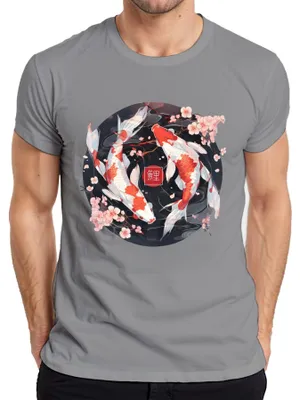 Productafbeelding van Koi karper, Sakura, Japan, vissen, Zen, kersenbloesems, YinYang. Heren T-shirt, grijs, maat S