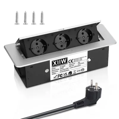 Produktbild von Aluminium Versenkbare Einbausteckdose, 3500W/16A/230V, 3 Fach Tischplatte Versenkte  , Tischsteckdose Steckdosenleiste mit 1.8M Kabel, Silber