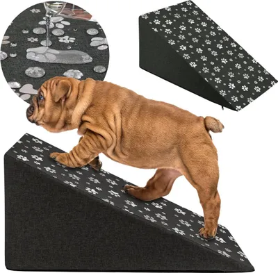 Produktbild von Domarex Hundetreppe 65x30x40cm, wasserdicht, Anti-Rutsch, waschbar,stabil für kleine & mittelgroße Hunde, Grau + Pfoten