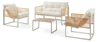Produktbild von Loungeset 'Karg' 4-tlg. mit Couchtisch Gartenbank und 2 Gartensessel Polsterkissen Stahlgestell Beige/Rattanoptik