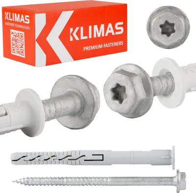 A product shot of Klimas fasteners, including a box, screws, and anchors, against a white background.