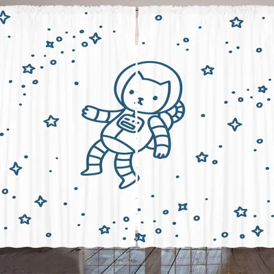Produktbild von ARANDE Katze Gardine, Niedliches Cartoon-Astronaut-Pionierkatze-Fliegen in Weltraum-Gekritzel-Art-Konstellation, 280 x 245 cm, Dunkelblau