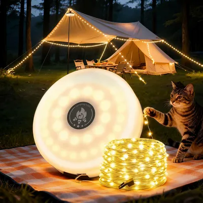 Produktbild von 3-in-1 Camping Lichterkette Aufrollbar,5 Leuchtmodi,Tragbare LED Campinglampe,USB wiederaufladbar Campingleuchte,Lichterketten außen 10m,Campingausrüs