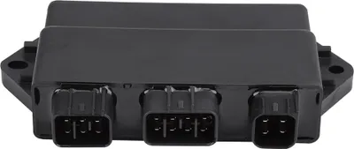 A black electronic control unit with three connectors.