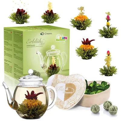 Produktbild von 6er Set ErblühTee "Grüner-Tee"  in Herz-Holzbox + 500ml Teekanne