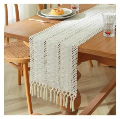 Zdjęcie produktu dla Solidchoice - Beżowa, bohemyjna obrusowa narzuta z frędzlami, 30 x 140 cm
