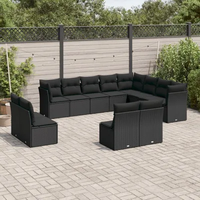 Produktbild von Design 12-tlg. Garten-Sofagarnitur mit Kissen Schwarz Poly Rattan, Gartenmöbel-Sets 2024 Neu