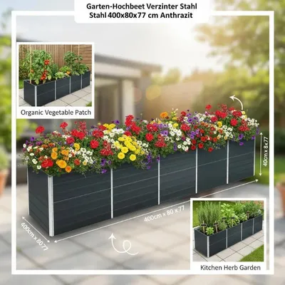 Image de Bordure de jardin surélevée - Acier galvanisé - 400 x 80 x 77 cm - Fond ouvert - Pour plantes et légumes - Anthracite
