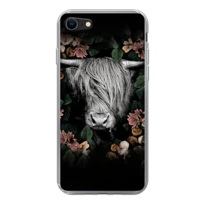 Produktbild von MuchoWow® Handyhülle Schutzhülle Hülle für iPhone 8 Schottischer Highlander - Blumen - Rosa Silikon Softcase Handy Hülle - Schutzhaube