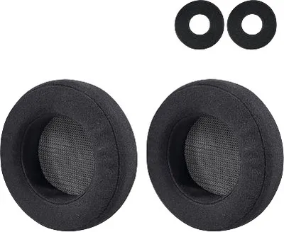 Two black ear pads and two black rings for headphones are arranged on a white background.