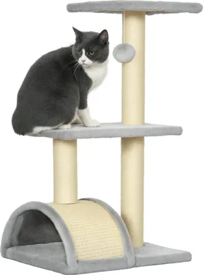 Image de Arbre à chat PawHut 72 cm avec boules en peluche, tiges en sisal, gris clair