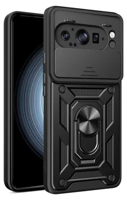 A black phone case with a camera cover and a ring holder is shown against a black background.