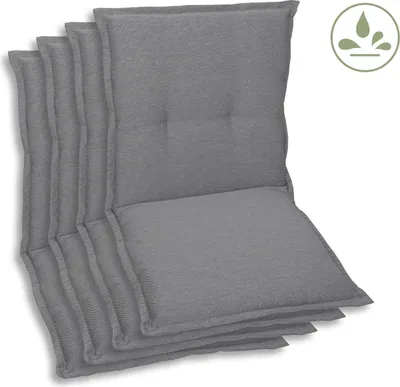 A stack of four gray chair cushions.