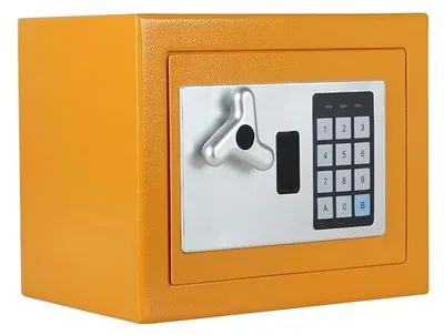 Produktbild von Digitaler Tresor – Legierter Stahl – Elektronisches Tastaturfeld und Notfallschlüssel – Orange – 23 x 17 x 17 cm