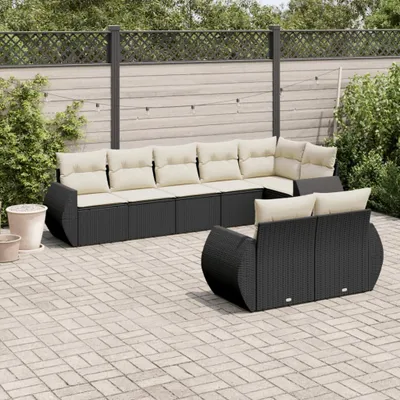 Produktbild von Design 8-tlg. Garten-Sofagarnitur mit Kissen Schwarz Poly Rattan, Gartenmöbel-Sets 2024 Neu