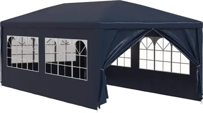A dark blue party tent with arched windows is shown against a white background.