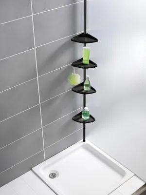 Produktbild von Kompaktes schwarzes teleskopierbares Eckregal für Bad/Dusche