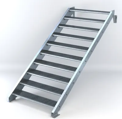 Produktbild von Stahltreppe 10 Stufen bis Höhe 200 cm, Laufbreite : 120 cm kein Geländer ST 2 (31 / 31 mm gezackt)