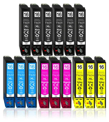 A collection of printer ink cartridges arranged in rows against a white background.
