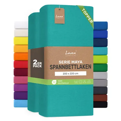 Zdjęcie produktu dla Zestaw 2 sztuk prześcieradeł elastycznych Lavea® o wymiarach 200x220 cm, wykonanych w 100% z bawełnianej dzianiny – do materacy o grubości do 10 cm – miękkie, turkusowe