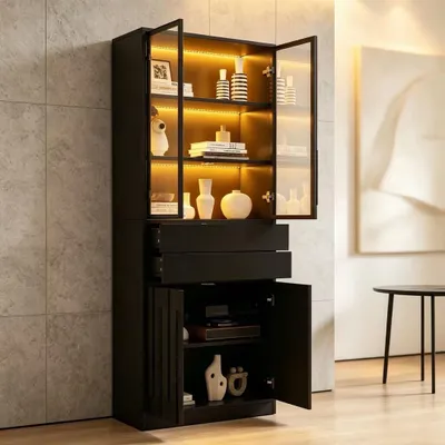 Produktbild von MODFU Glasvitrine 2er-Set 140 x 34 x 180 cm, Hochschrank mit 2 Glastüren und LED-Beleuchtung,Stauraumschrank mit 2 Schubladen, Wohnzimmerschrank, Schwarz