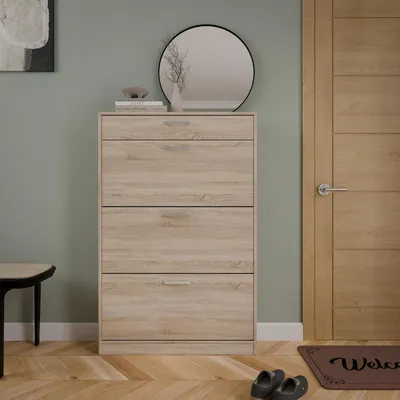 Produktbild von NIKO Schuhschrank 80 im skandinavischen Stil mit 4 Schubladen, aus Holzwerkstoff, für Flur und Abstellraum, Sonoma-Eiche-Holzdekor, 83,2 cm breit x 127,7 cm hoch x 20,4 cm tief