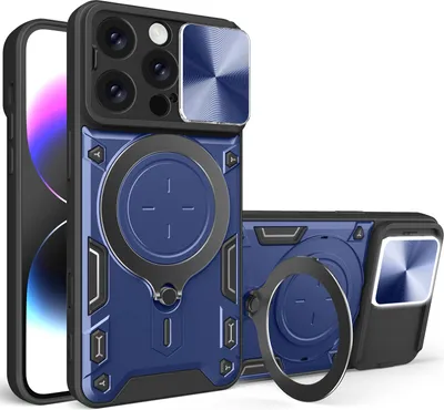 Produktbild von Handyhülle für iPhone 16 Pro Dual-Layer Stoßfest Rüstung Hülle mit Dia Kameraschutz und Kreisförmig Ring Ständer Blau