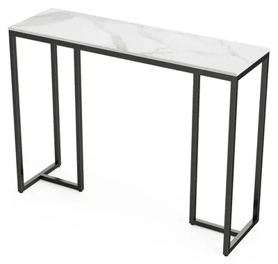 Obrázek produktu pro Moderní konzolový stolek do předsíně – úzký design, rozměry 100x30x78,5 cm – deska z syntetického kamene a kovová konstrukce – vhodný do předsíně i obývacího pokoje – černé kovové nohy – bílá barva